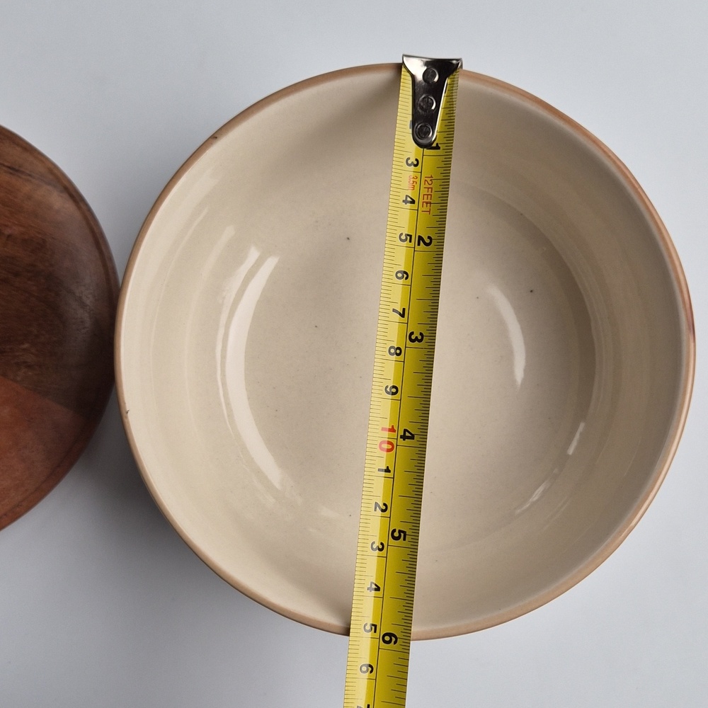 Mocha Checkered Stoneware Serving Bowl with Wooden with Lid - Picture 8 of 10
